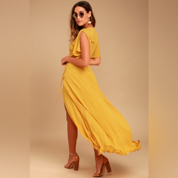 ♥️ Lulus Much Obliged Golden Yellow Wrap Maxi Dress - Picture 3 of 6